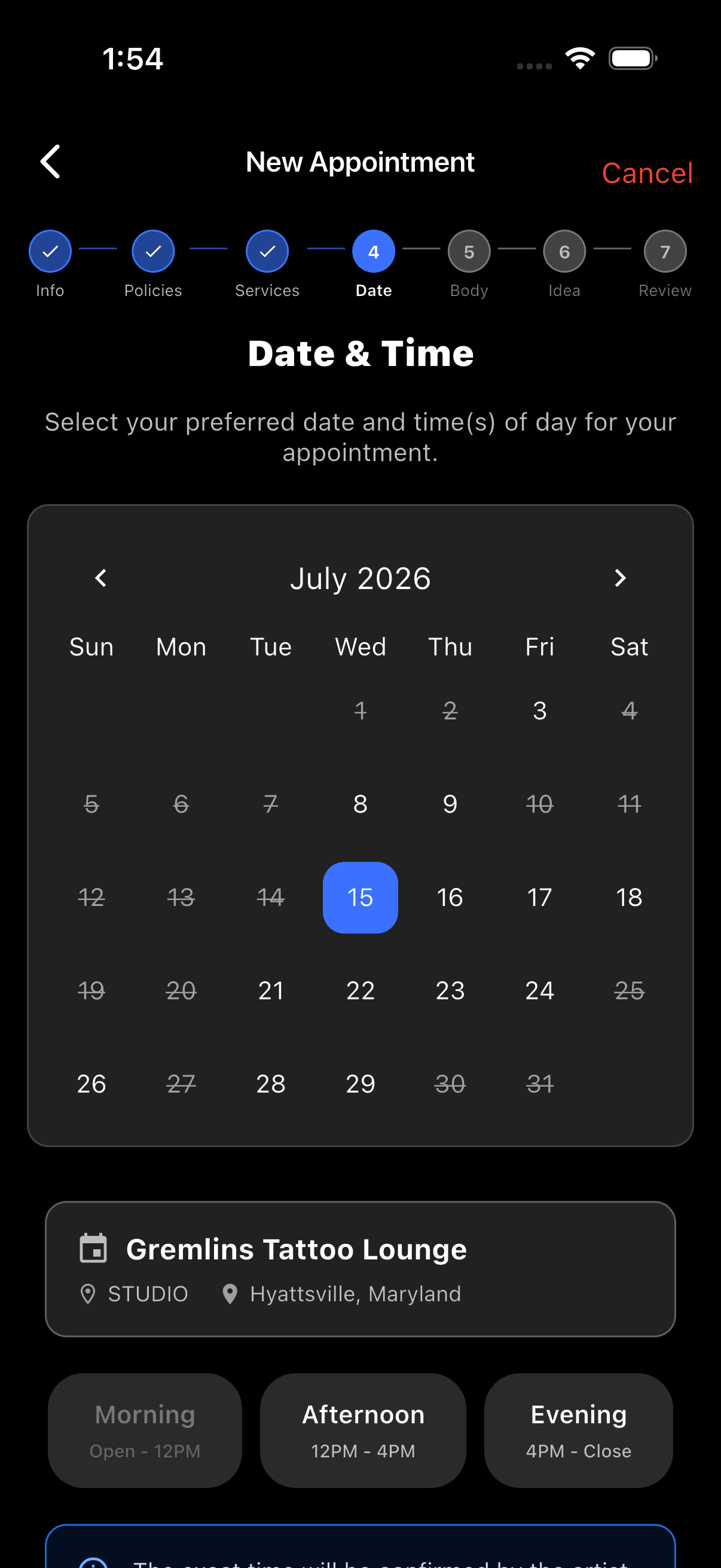 TattMe app — Book a slot
