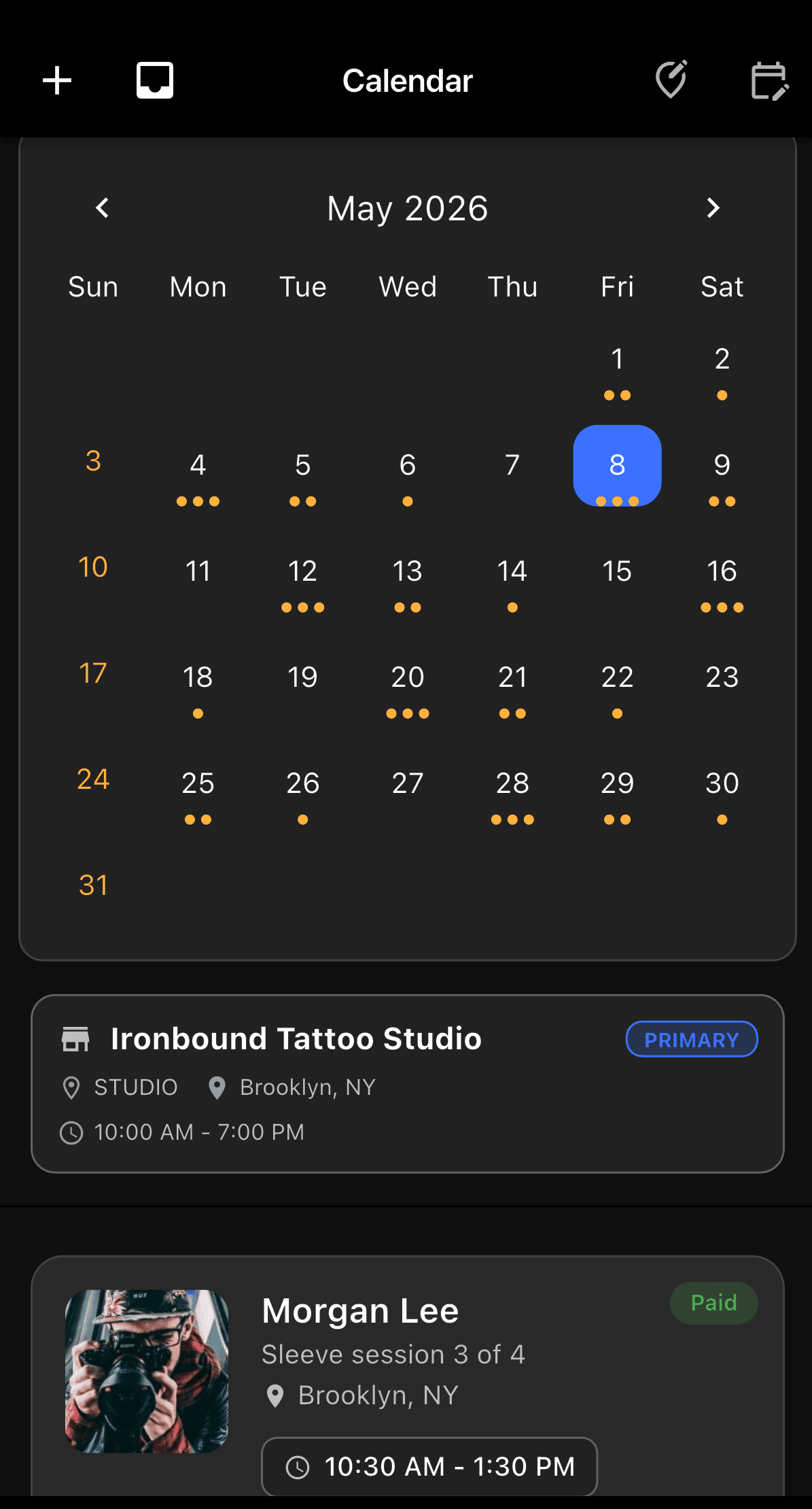 TattMe artist app — Your calendar