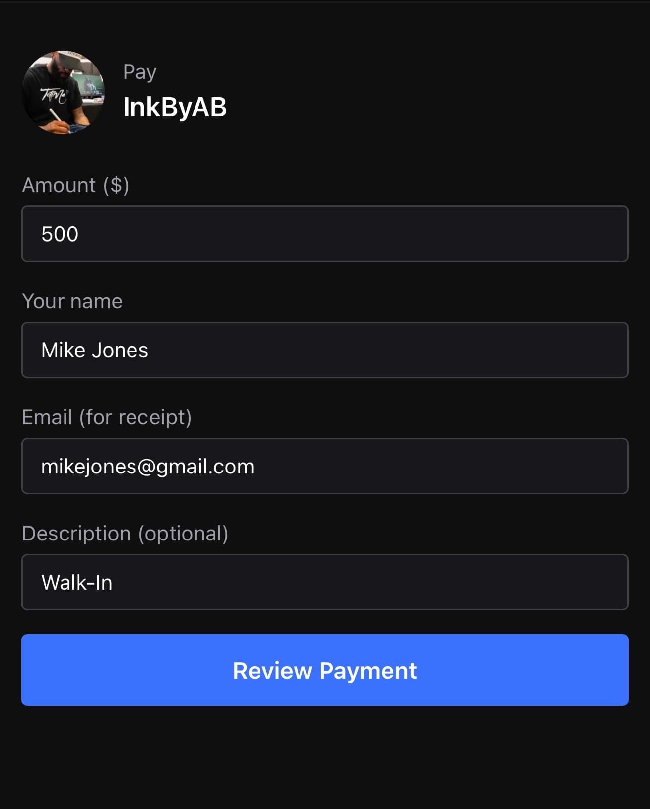 A client paying a tattoo artist through their TattMe Quick Pay page
