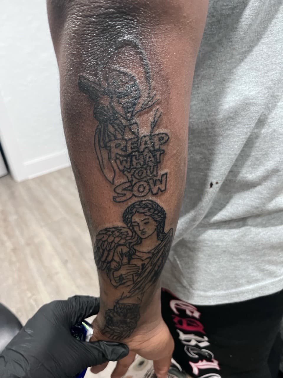 Fine Line + Black & Grey angel tattoo on Forearm by Tatsbykhi on TattMe