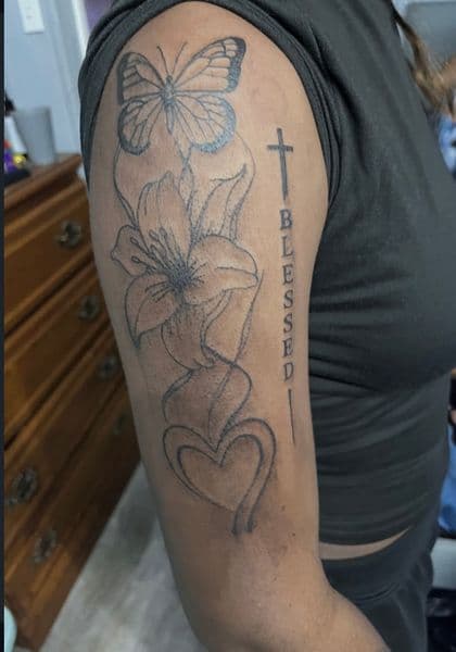 Fine Line + Black & Grey butterfly tattoo on Upper Arm by Tatsbykhi on TattMe