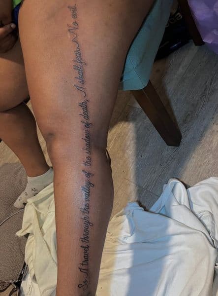 Lettering + Script text tattoo on Thigh by Tatsbykhi on TattMe