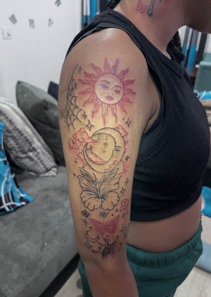 Fine Line + Illustrative sun tattoo on Half Sleeve by Tatsbykhi on TattMe