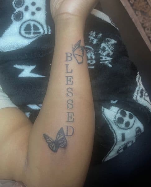 Lettering + Fine Line butterflies tattoo on Forearm by Tatsbykhi on TattMe