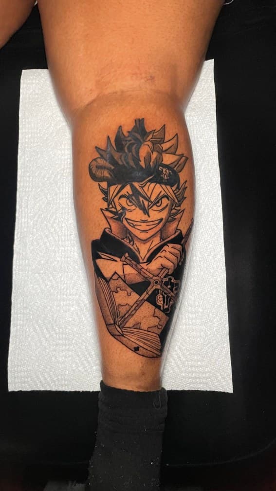 Anime + Black & Grey asta tattoo on Calf by 1UP_Uncle_Frecks on TattMe