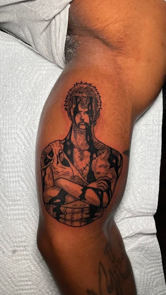 Black & Grey + Illustrative tears tattoo on Upper Arm by 1UP_Uncle_Frecks on TattMe