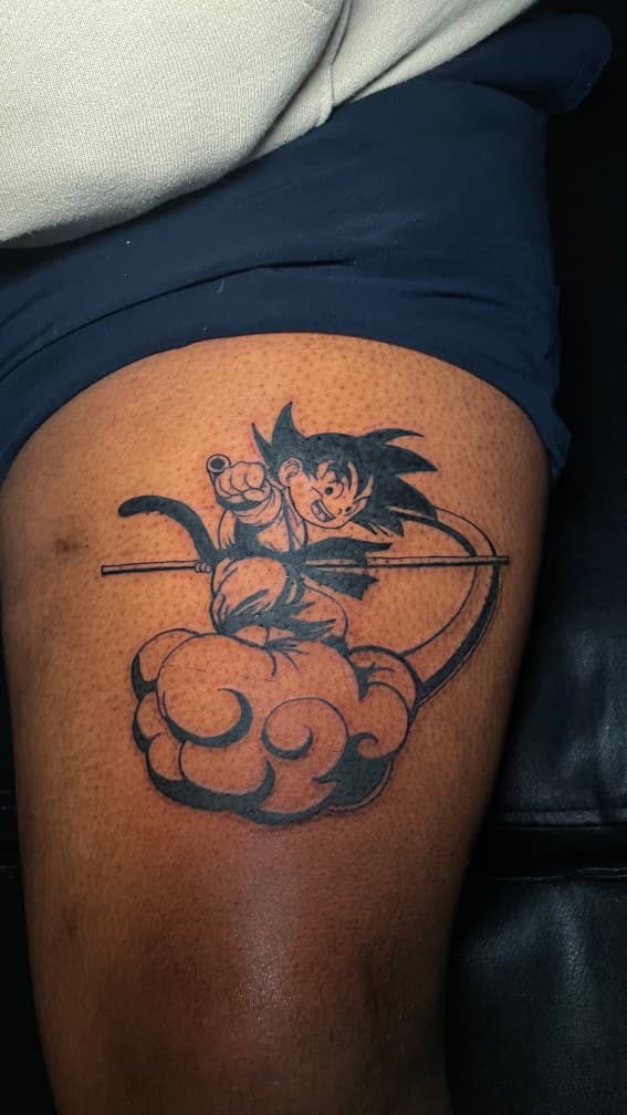 Anime + Black-work goku tattoo on Thigh by 1UP_Uncle_Frecks on TattMe