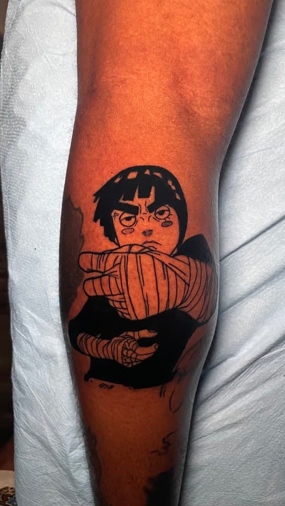 Anime + Black-work rock lee tattoo on Calf by 1UP_Uncle_Frecks on TattMe
