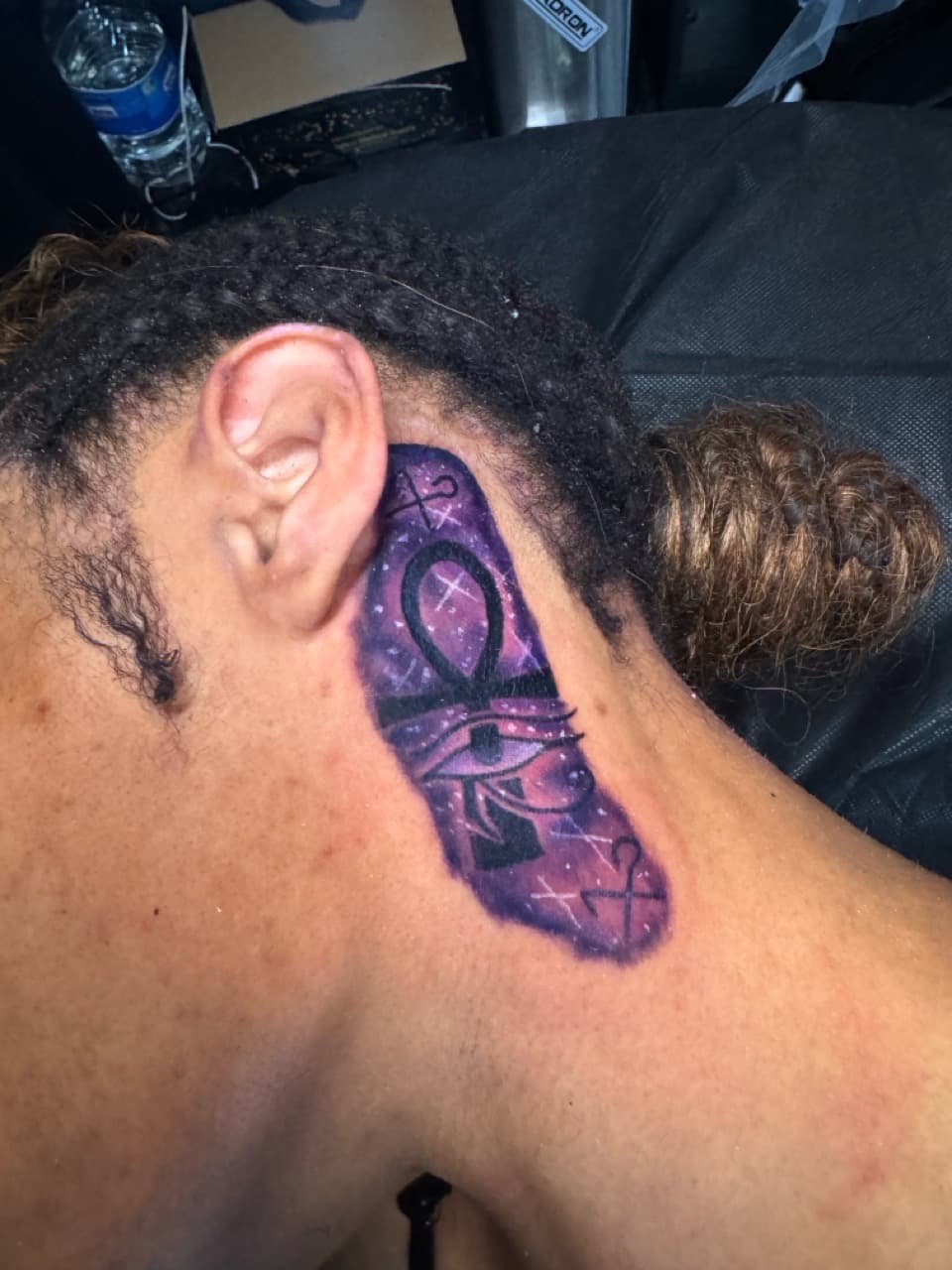 Color + Black-work galaxy tattoo on Behind Ear by 1UP_Uncle_Frecks on TattMe