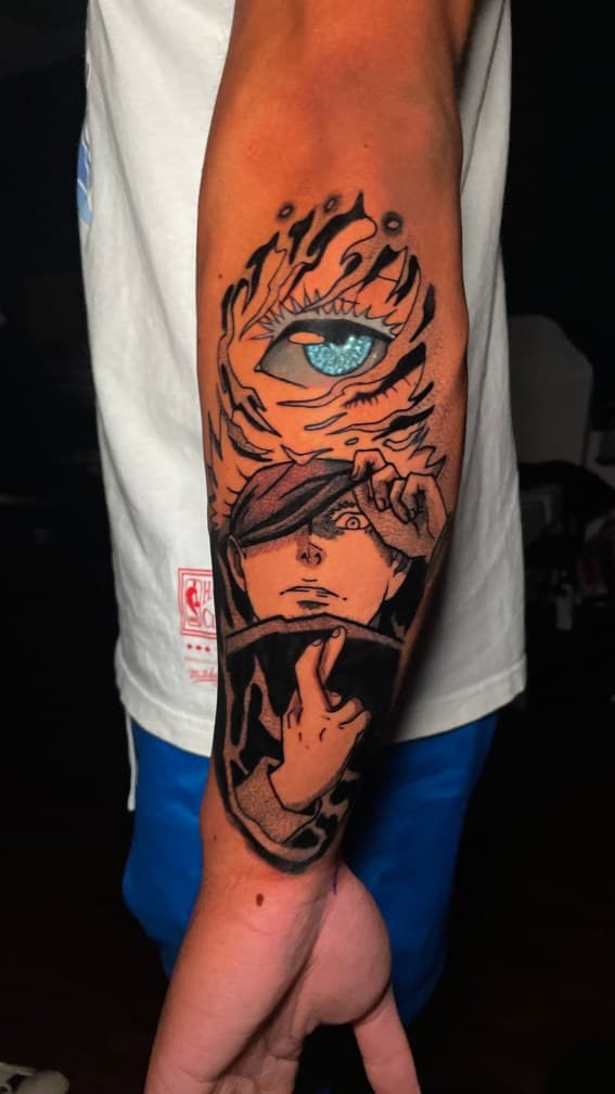 Anime + Illustrative eye tattoo on Half Sleeve by 1UP_Uncle_Frecks on TattMe