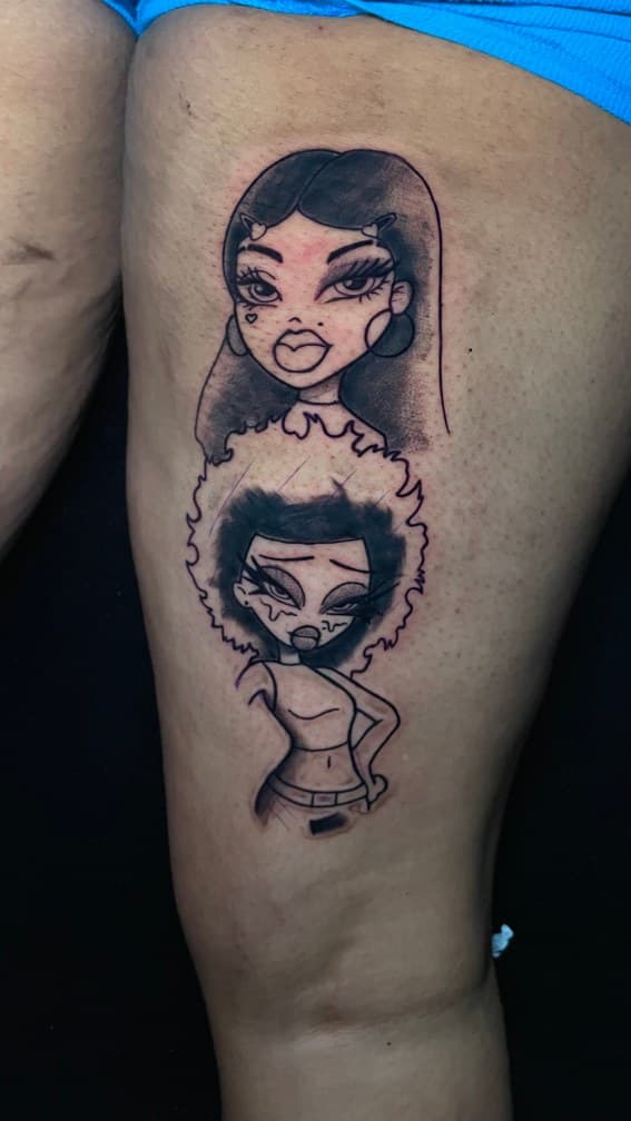 Cartoon + Black-work cartoon girls tattoo on Thigh by 1UP_Uncle_Frecks on TattMe