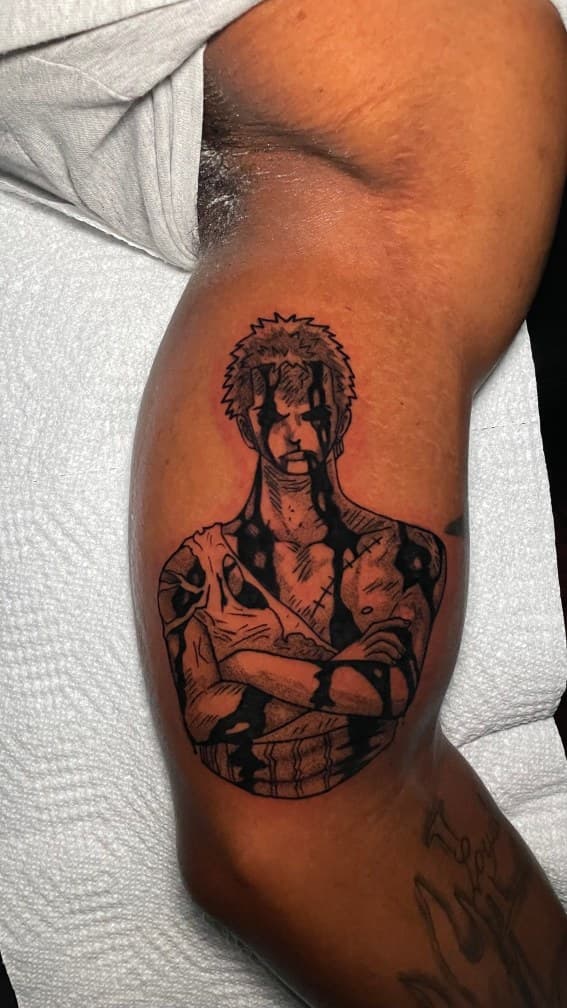 Anime + Pop Culture zoro tattoo on Upper Arm by 1UP_Uncle_Frecks on TattMe