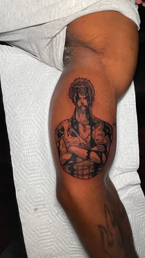Anime + Illustrative man tattoo on Upper Arm by 1UP_Uncle_Frecks on TattMe