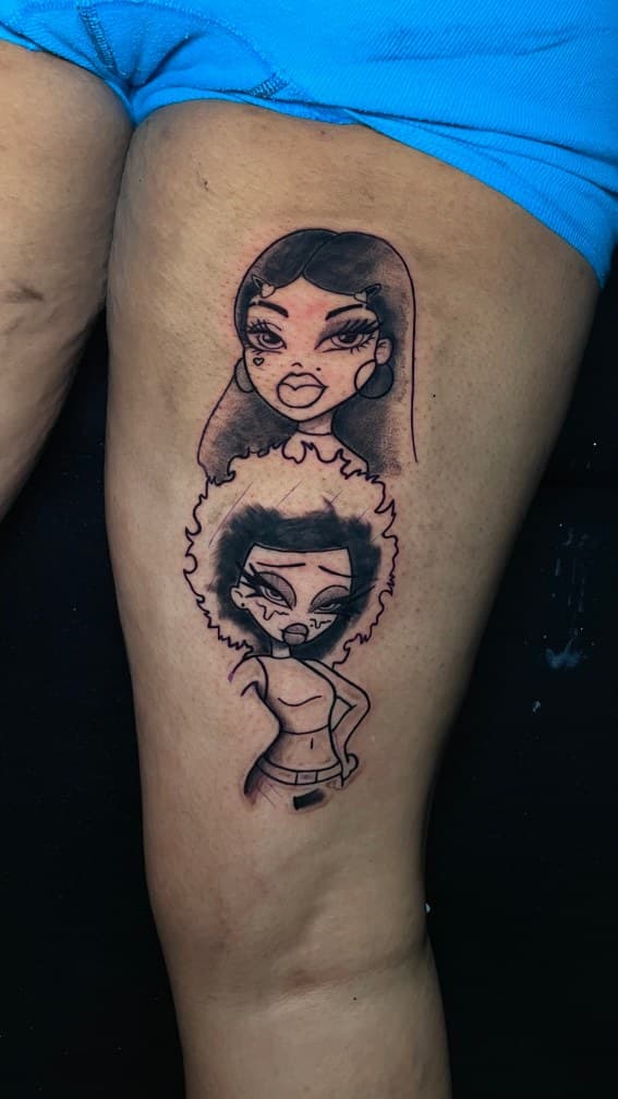 Cartoon + Illustrative women tattoo on Thigh by 1UP_Uncle_Frecks on TattMe