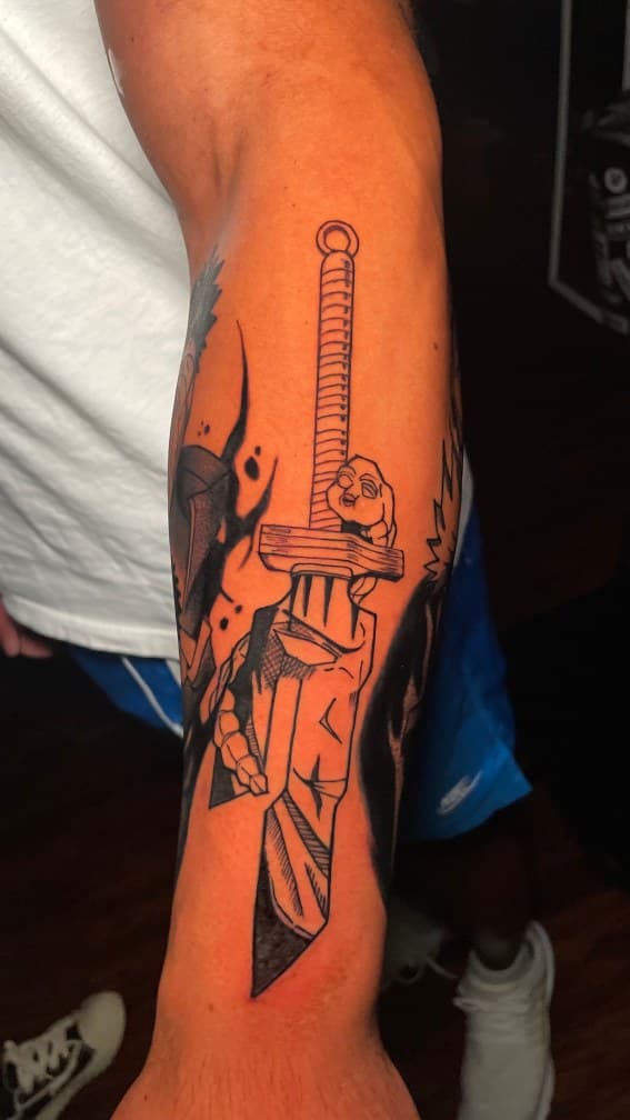 Black-work + Line-work sword tattoo on Forearm by 1UP_Uncle_Frecks on TattMe