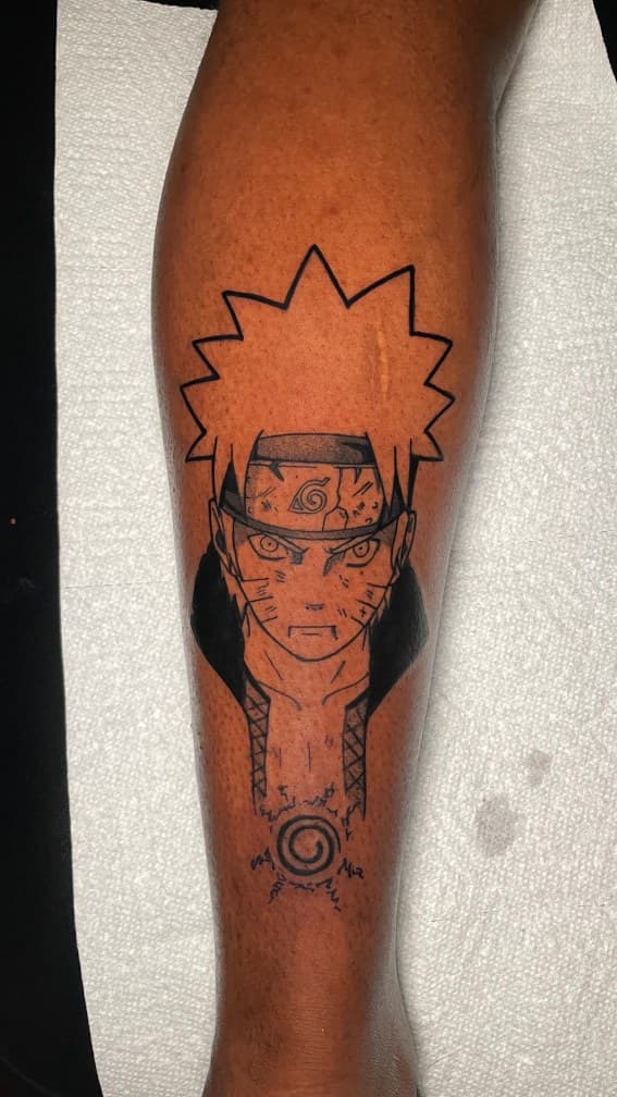 Anime + Black-work naruto tattoo on Calf by 1UP_Uncle_Frecks on TattMe