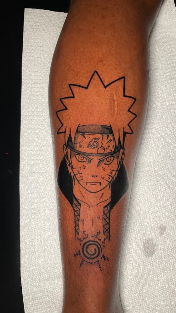 Anime + Black-work naruto tattoo on Calf by 1UP_Uncle_Frecks on TattMe