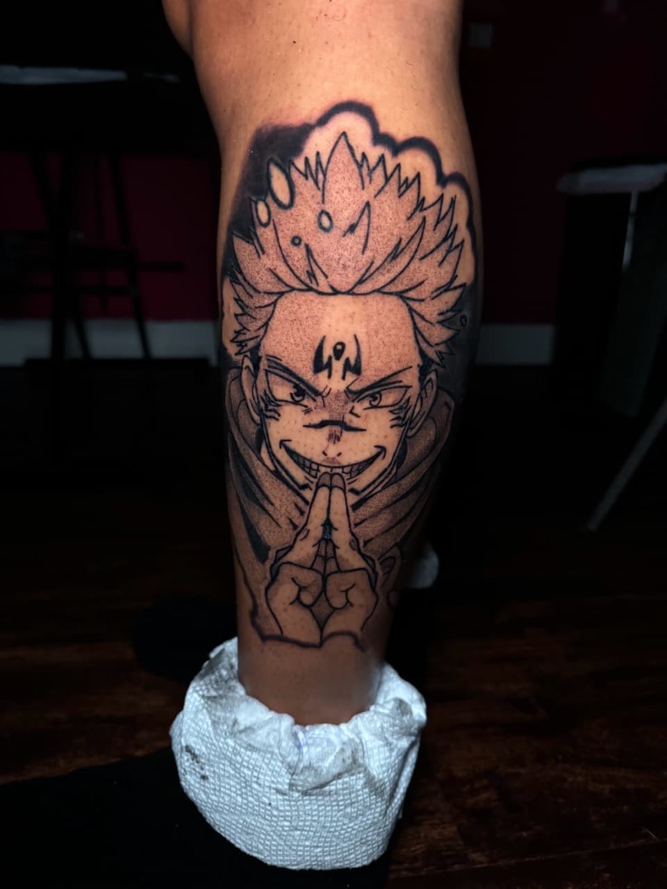 Anime + Black-work anime character tattoo on Calf by 1UP_Uncle_Frecks on TattMe
