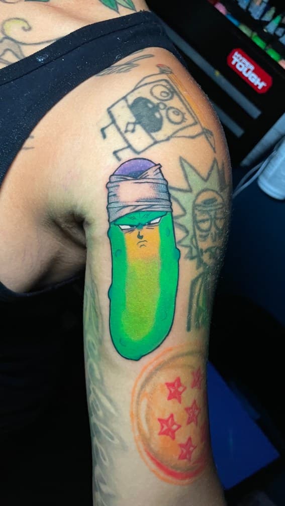 Cartoon + Pop Culture pickle rick tattoo on Upper Arm by 1UP_Uncle_Frecks on TattMe