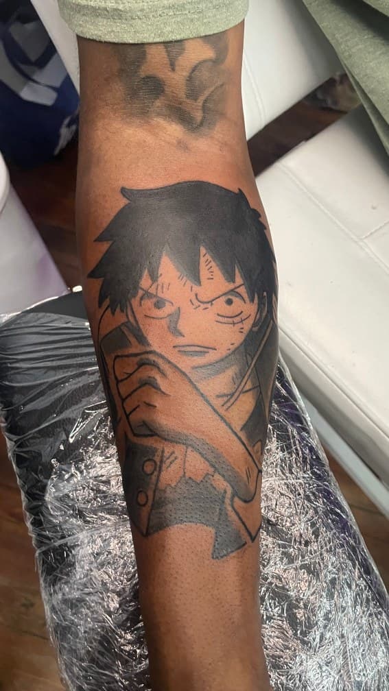 Anime + Black-work luffy tattoo on Forearm by 1UP_Uncle_Frecks on TattMe