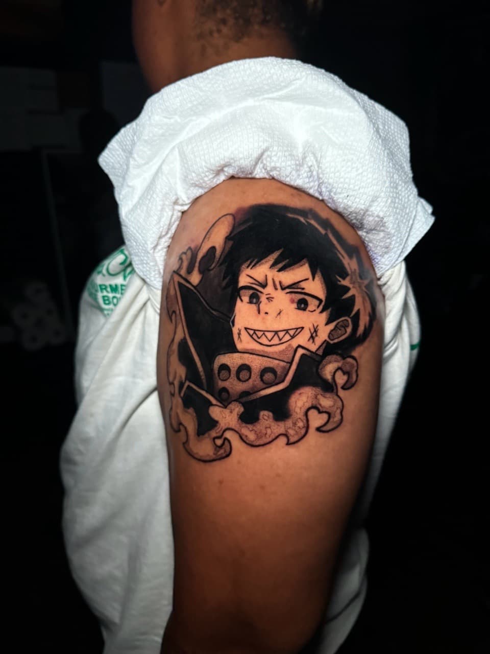 Anime + Black & Grey fire tattoo on Upper Arm by 1UP_Uncle_Frecks on TattMe