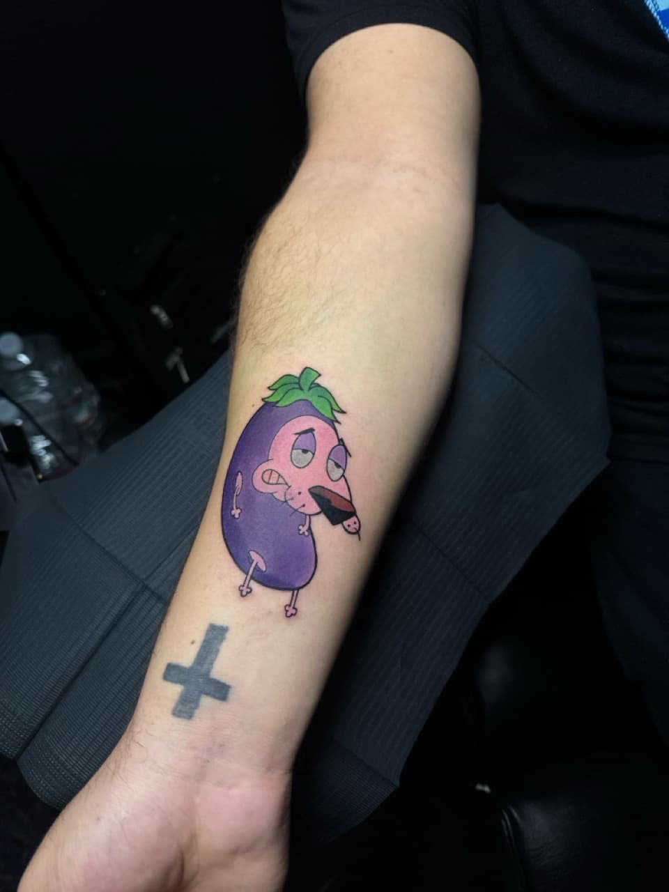 Cartoon + New School eggplant tattoo on Forearm by 1UP_Uncle_Frecks on TattMe