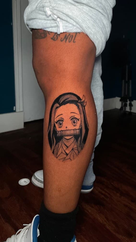 Anime + Black & Grey anime character tattoo on Calf by 1UP_Uncle_Frecks on TattMe