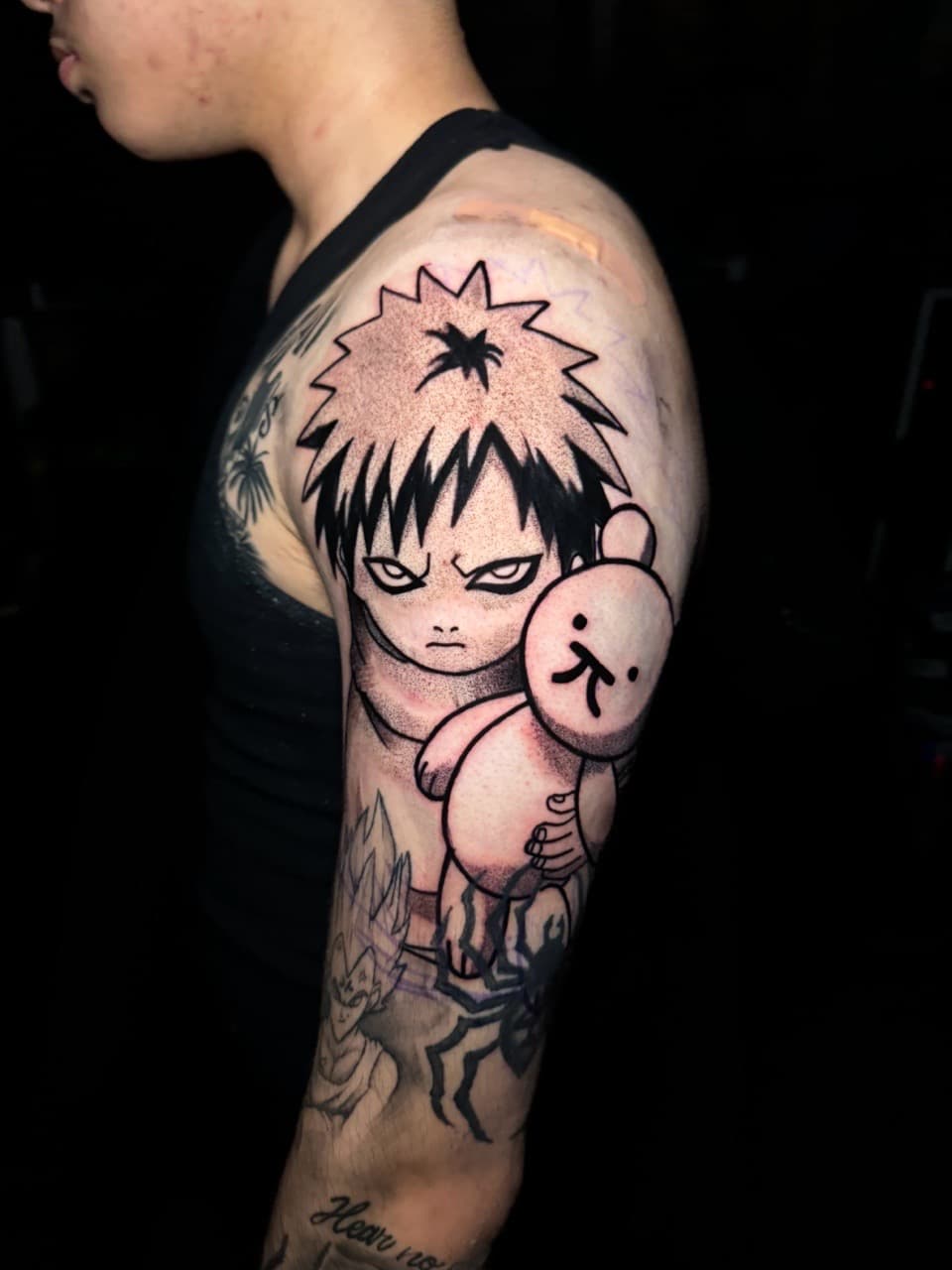 Anime + Dot-work teddy bear tattoo on Upper Arm by 1UP_Uncle_Frecks on TattMe