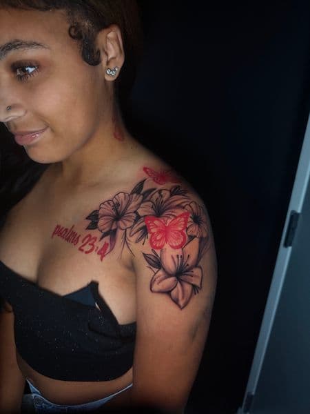 Floral + Illustrative flowers tattoo on Shoulder by 1MoTatt on TattMe
