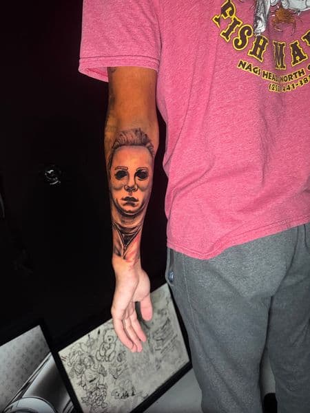 Realism + Black & Grey michael myers tattoo on Forearm by 1MoTatt on TattMe