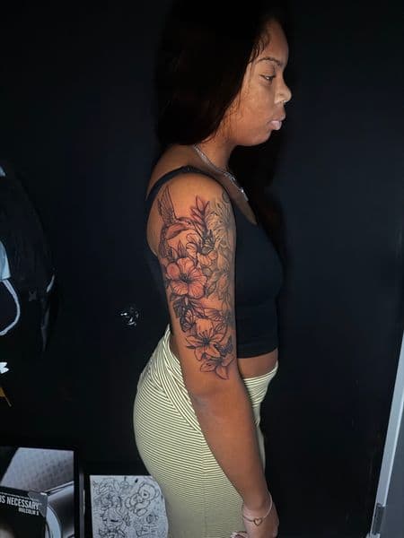 Black & Grey + Illustrative hummingbird tattoo on Half Sleeve by 1MoTatt on TattMe