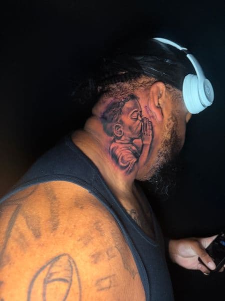 Black & Grey + Realism child tattoo on Neck (Side) by 1MoTatt on TattMe