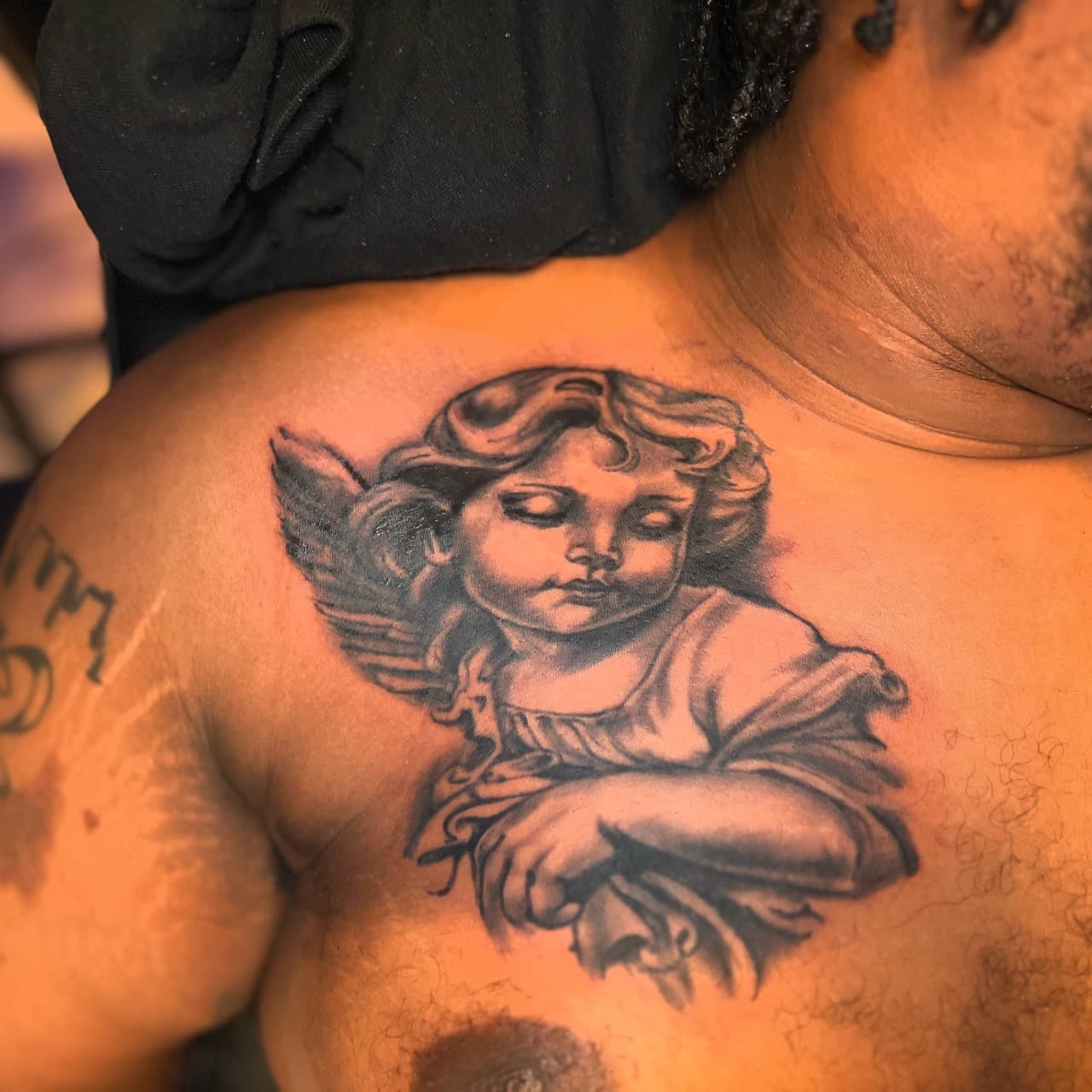 Black & Grey + Illustrative angel tattoo on Shoulder by 1_Mo_Tatt on TattMe