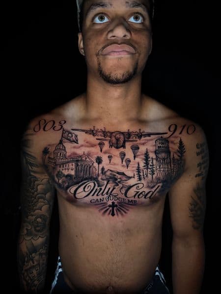 Black & Grey + Illustrative capitol building tattoo on Chest by 1MoTatt on TattMe