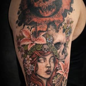 Illustrative + Color woman tattoo on Upper Arm by The_Alley_Tattoo_Studio on TattMe