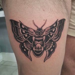 Black & Grey + Traditional moth tattoo on Thigh by The_Alley_Tattoo_Studio on TattMe