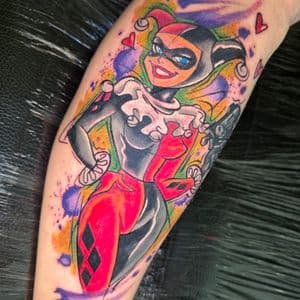 Cartoon + Color harley quinn tattoo on Calf by Inkflowjo on TattMe
