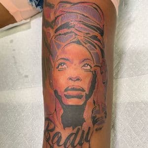 Illustrative + Color woman tattoo on Thigh by Inkflowjo on TattMe