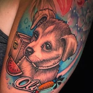 Illustrative + Color dog tattoo on Upper Arm by Inkflowjo on TattMe