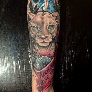 Realism + Color lioness tattoo on Forearm by Inkflowjo on TattMe