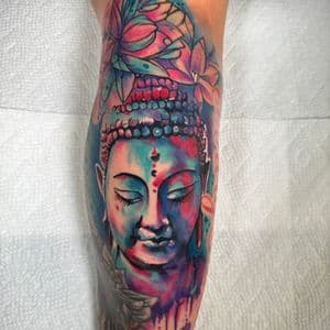 Watercolor + Illustrative buddha tattoo on Calf by Inkflowjo on TattMe