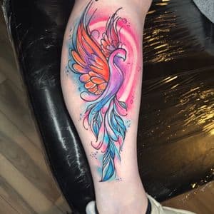 Watercolor + Color phoenix tattoo on Calf by Inkflowjo on TattMe