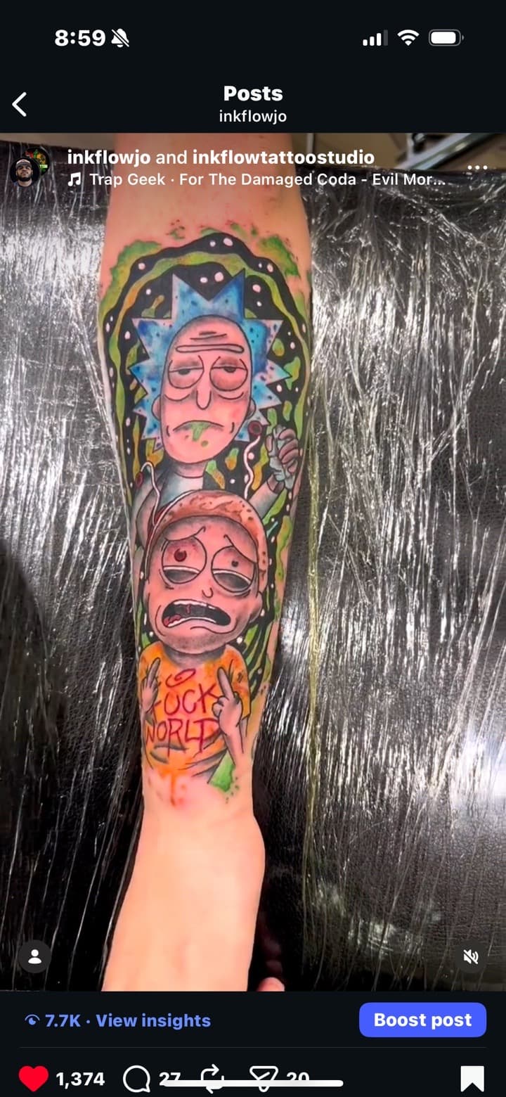 Cartoon + Pop Culture rick tattoo on Forearm by Inkflowjo on TattMe