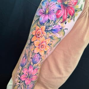 Watercolor + Floral flowers tattoo on Full Sleeve by Inkflowjo on TattMe