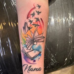 Watercolor + Lettering books tattoo on Forearm by Inkflowjo on TattMe