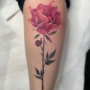 Watercolor + Floral rose tattoo on Calf by Inkflowjo on TattMe