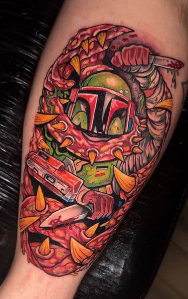New School + Color boba fett tattoo on Calf by Inkflowjo on TattMe