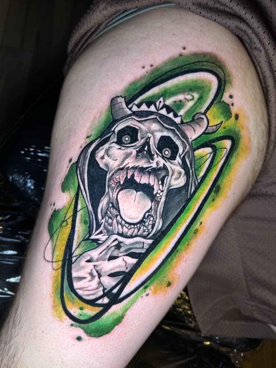 New School + Color skull tattoo on Thigh by Inkflowjo on TattMe