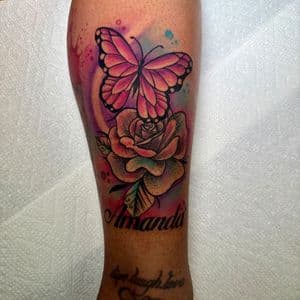 Floral + Watercolor butterfly tattoo on Calf by Inkflowjo on TattMe
