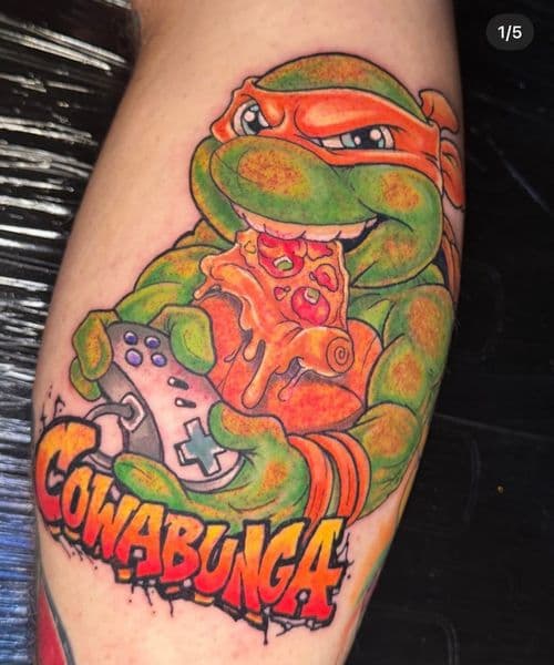 Cartoon + New School ninja turtle tattoo on Calf by Inkflowjo on TattMe